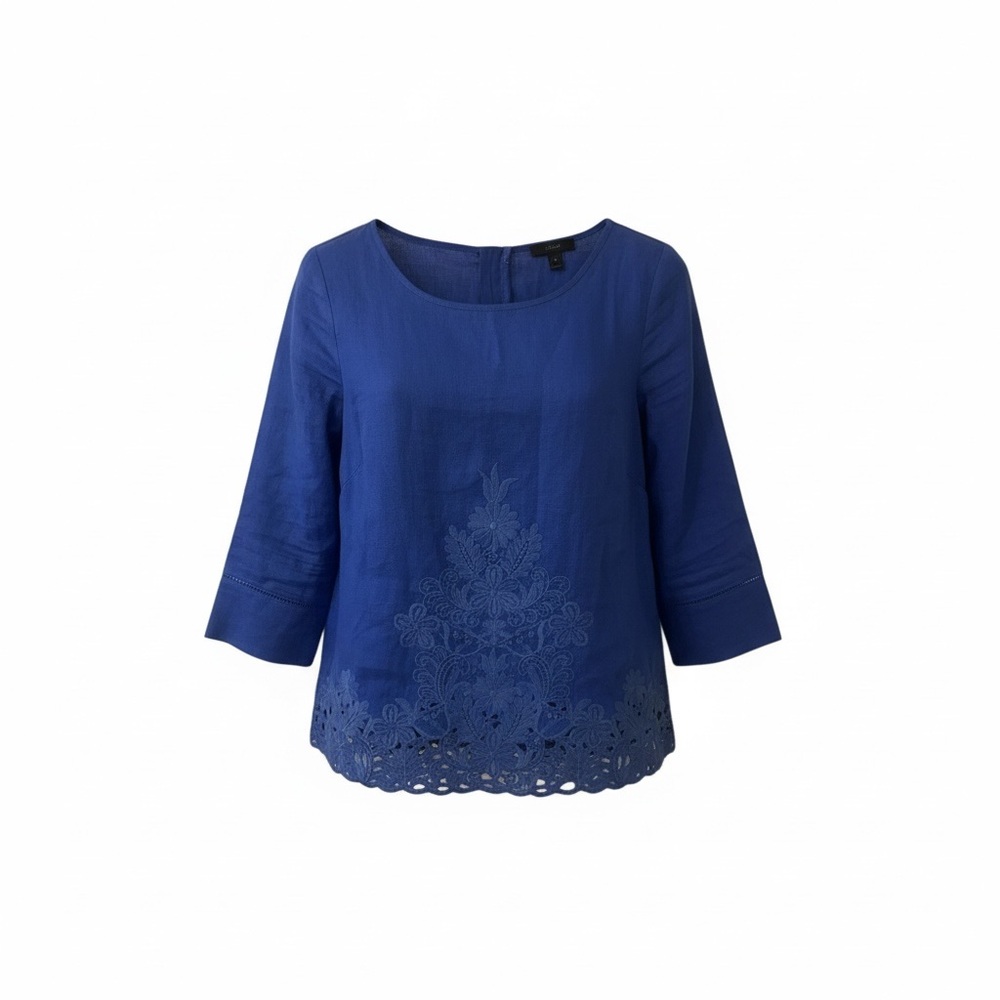 J. Crew Linen Blue Embroidered Women's Top